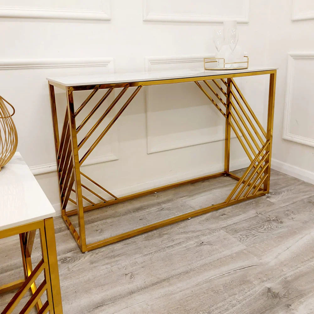 Azure Gold Console Table with Polar White Sintered Top-Esme Furnishings