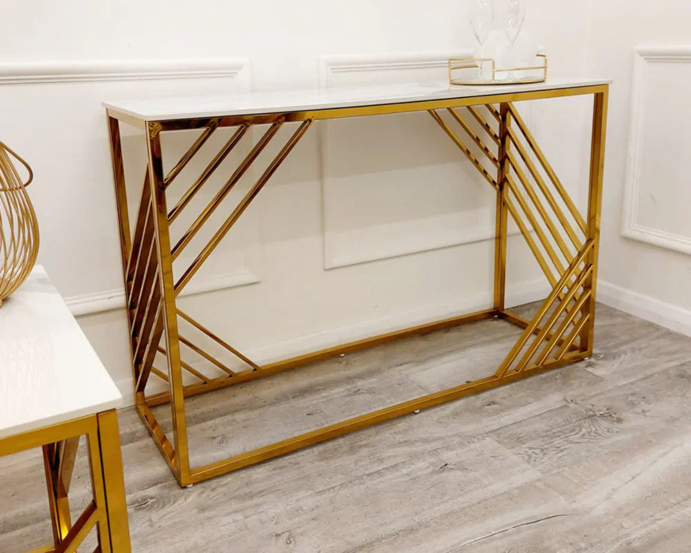Azure Gold Console Table with Polar White Sintered Top-Esme Furnishings