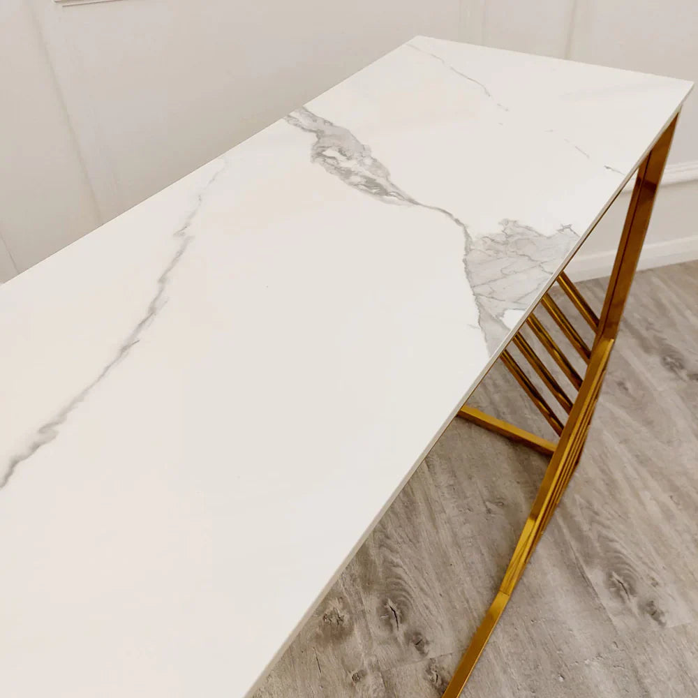 Azure Gold Console Table with Polar White Sintered Top-Esme Furnishings