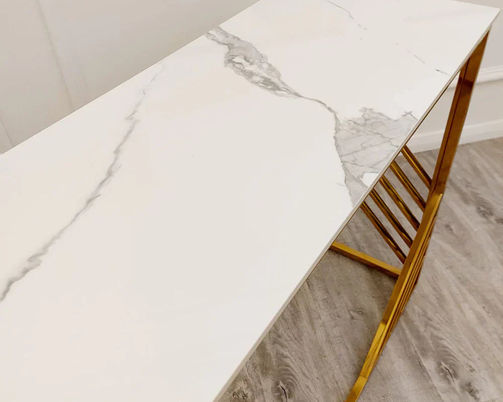 Azure Gold Console Table with Polar White Sintered Top-Esme Furnishings