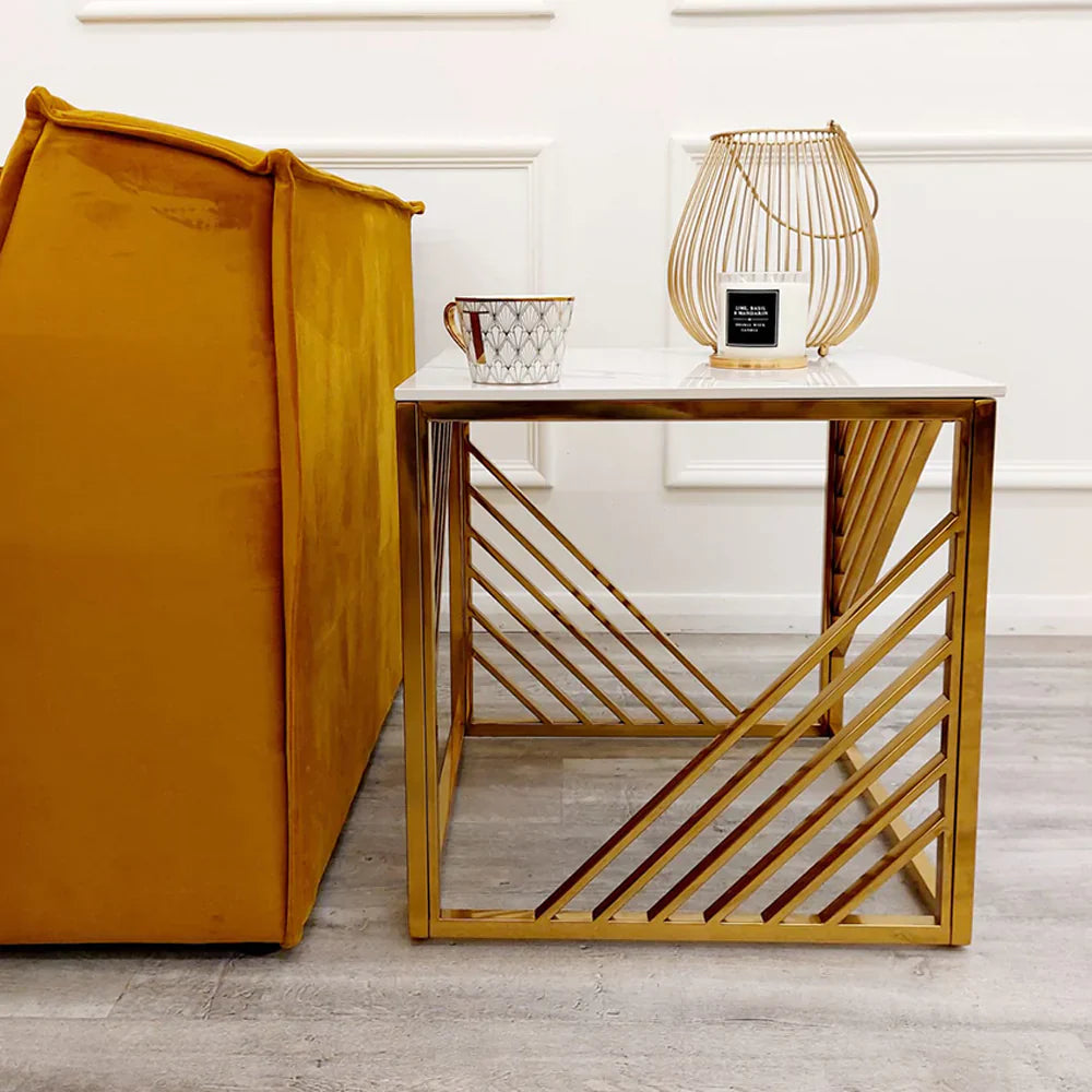 Azure Gold Lamp Side Table with Polar White Sintered Top-Esme Furnishings