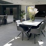 Phoenix 160-240cm White Ceramic Marble Extending Table + Grey Velvet Swivel Dining Chairs-Esme Furnishings