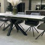 Phoenix 160-240cm White Ceramic Marble Extending Table + Grey Velvet Swivel Dining Chairs-Esme Furnishings