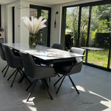 Phoenix 160-240cm White Ceramic Marble Extending Table + Grey Velvet Swivel Dining Chairs-Esme Furnishings