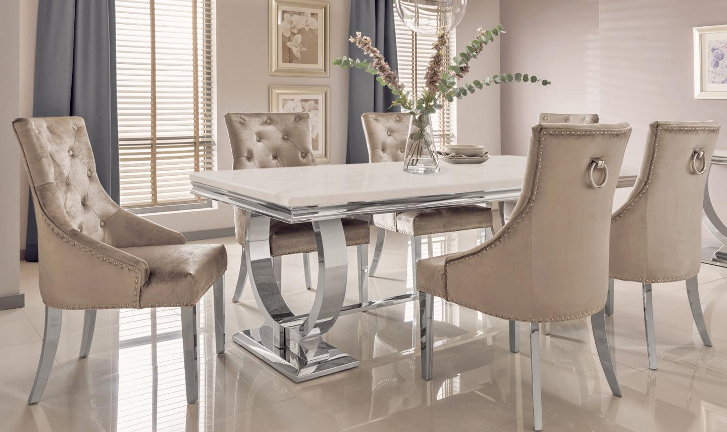 Arianna 150cm Cream Marble Dining Table + Belle Champagne Velvet Chairs-Esme Furnishings