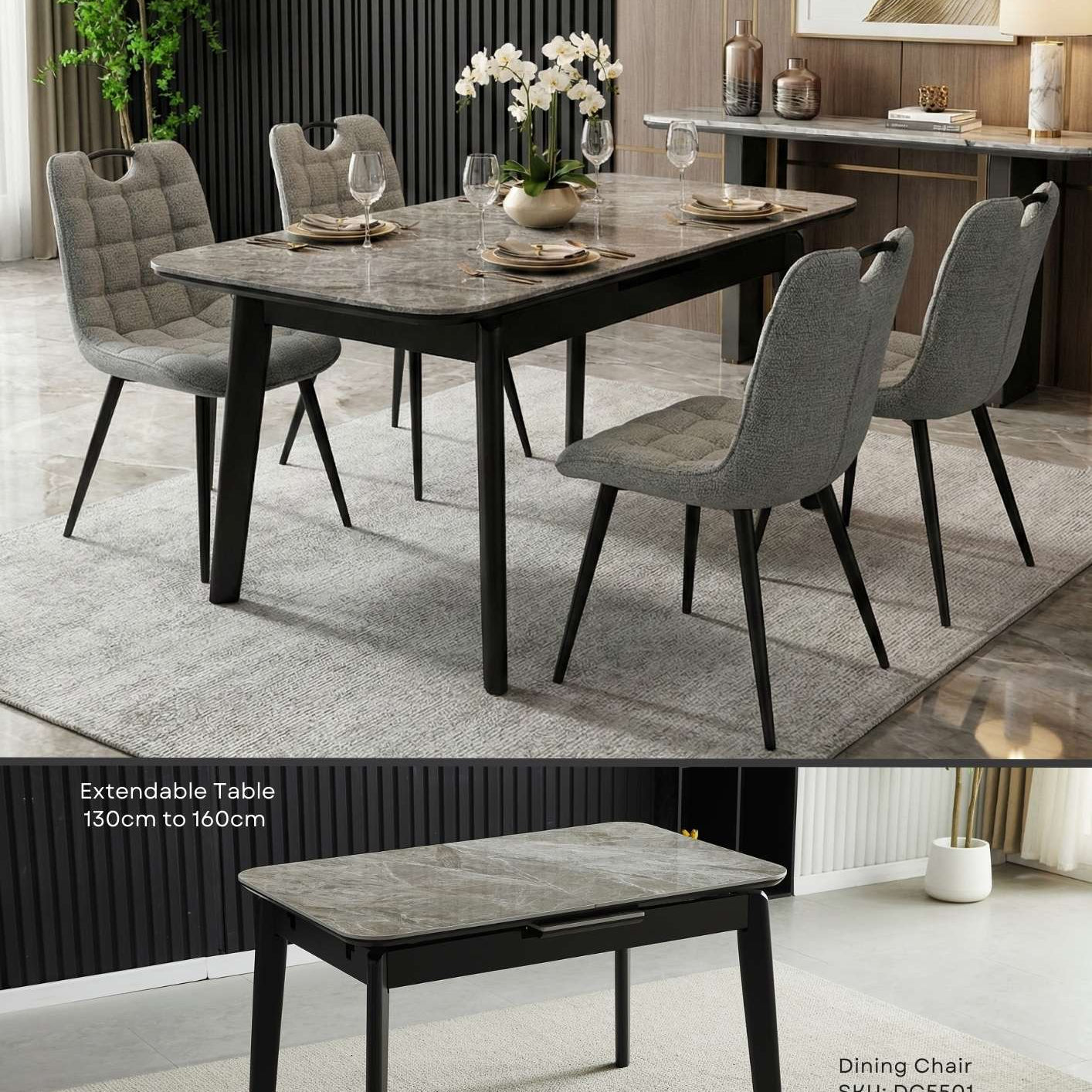 Arizona Extending Grey Ceramic Table With Monza Chairs
