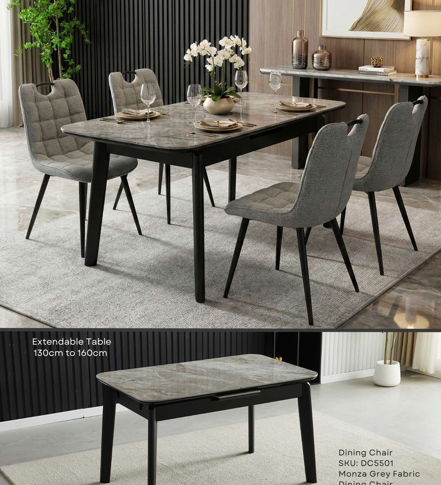 Arizona Extending Grey Ceramic Table With Monza Chairs