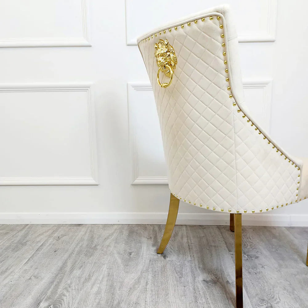 Majestic Gold Lion Knocker Quilted Tufted Plush Velvet Dining Chair Gold Legs - 3 Colours-Esme Furnishings