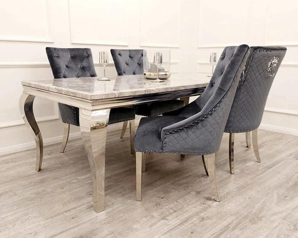 Louis Marble & Chrome Dining Table With Quilted Lion Knocker Velvet Chairs-Esme Furnishings