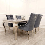 Louis Marble & Chrome Dining Table With Quilted Lion Knocker Velvet Chairs-Esme Furnishings