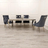 Louis Marble & Chrome Dining Table With Quilted Lion Knocker Velvet Chairs-Esme Furnishings