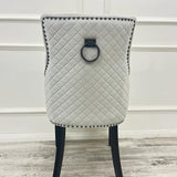Light Grey Silver Plush Velvet Black Ring Quilted Knocker Chair Black Legs