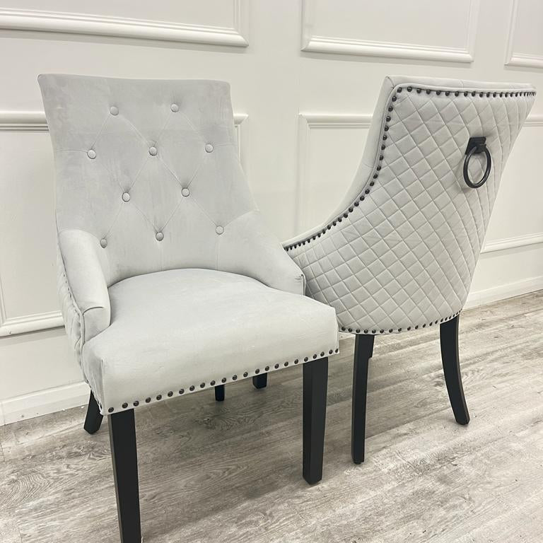 Light Grey Silver Plush Velvet Black Ring Quilted Knocker Chair Black Legs