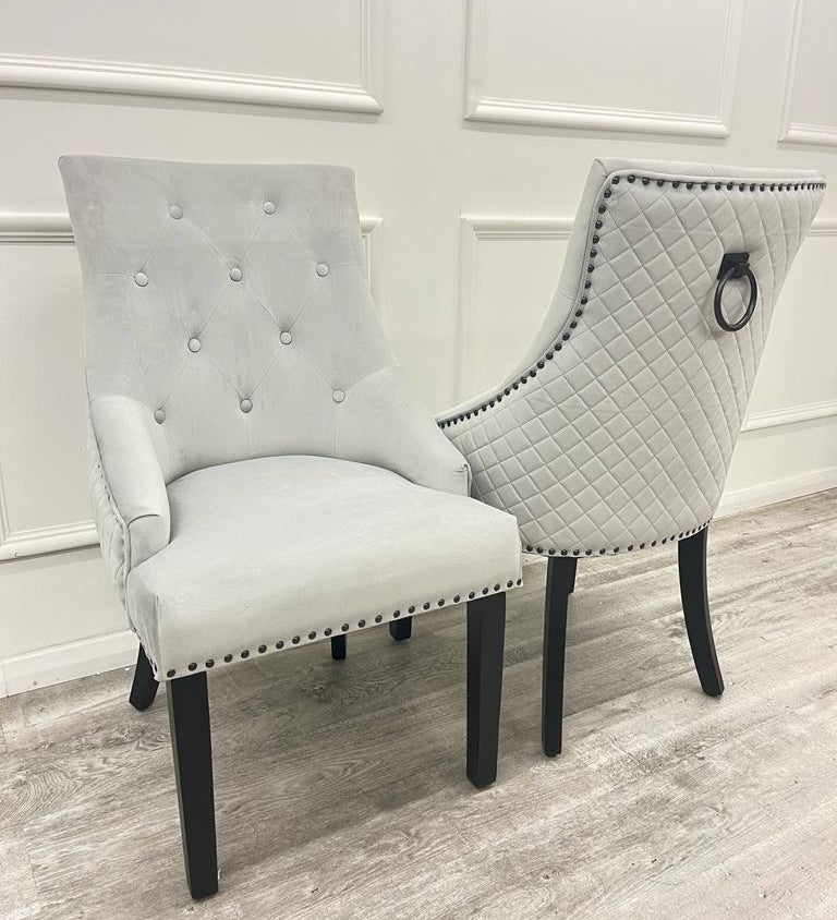 Light Grey Silver Plush Velvet Black Ring Quilted Knocker Chair Black Legs