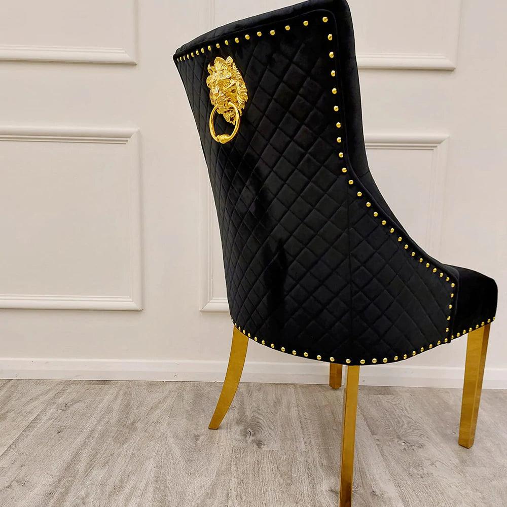 Gold Lion Knocker Quilted Tufted Plush Velvet Dining Chair Gold Legs - 4 Colours-Esme Furnishings