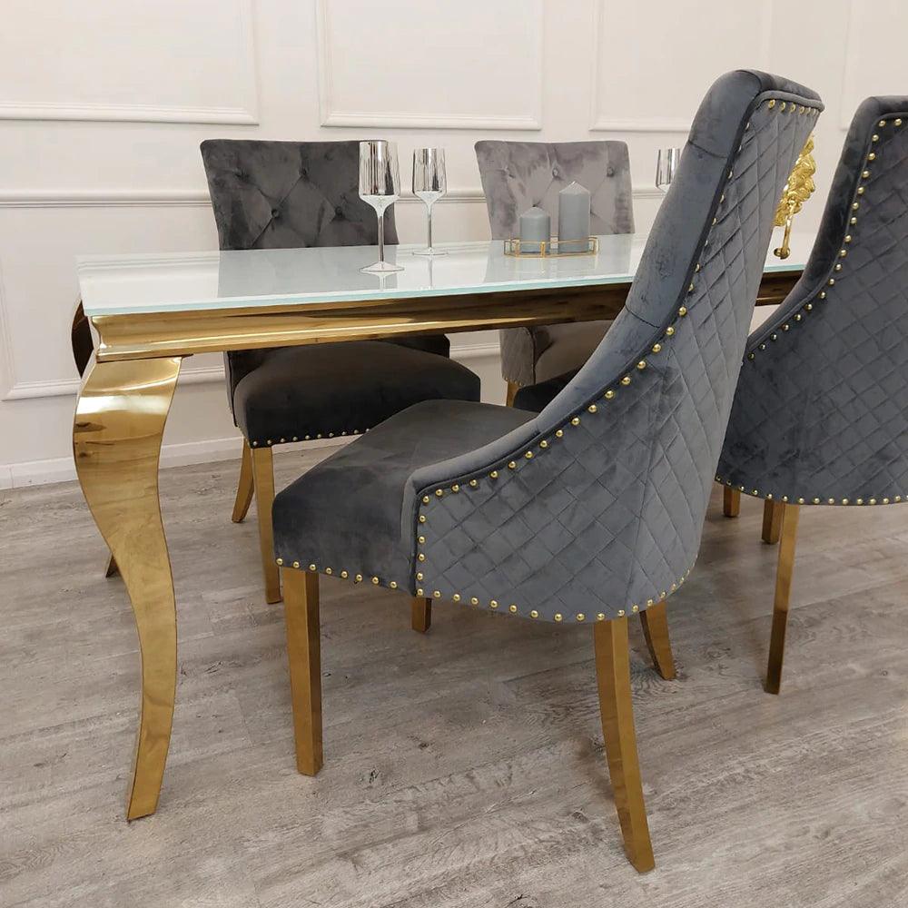 Gold Lion Knocker Quilted Tufted Plush Velvet Dining Chair Gold Legs - 4 Colours-Esme Furnishings