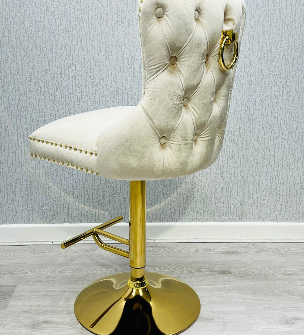 Valentino Cream Gold Ring Knocker Quilted Back Plush Velvet Gold Bar Stool