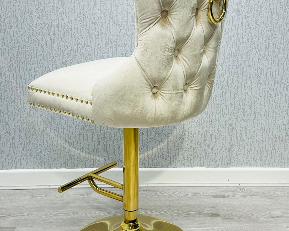 Valentino Cream Gold Ring Knocker Quilted Back Plush Velvet Gold Bar Stool