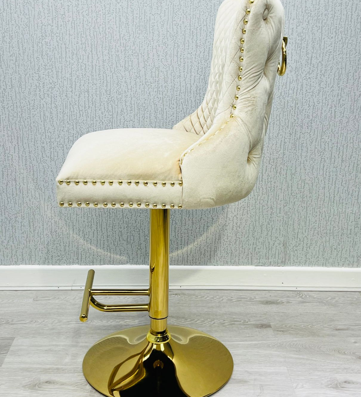 Valentino Cream Gold Lion  Knocker Quilted Back Plush Velvet Gold Bar Stool