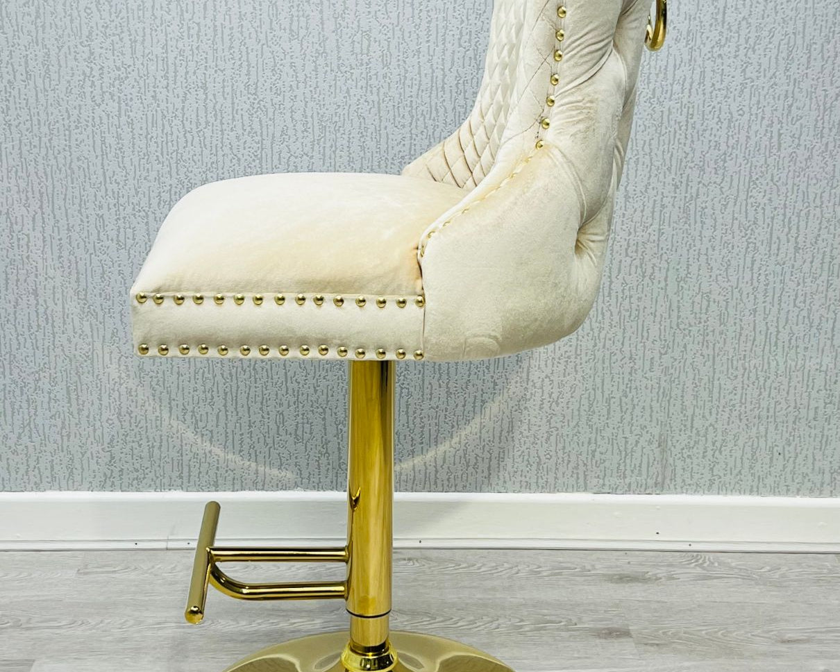 Valentino Cream Gold Lion  Knocker Quilted Back Plush Velvet Gold Bar Stool