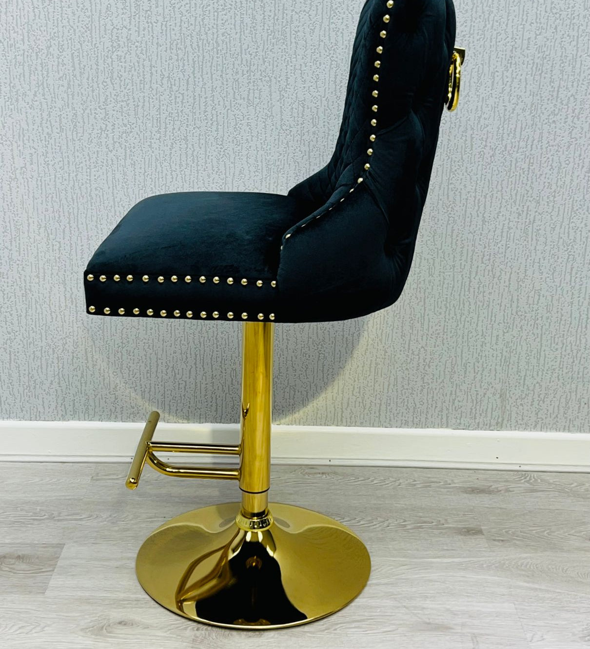 Valentino Black Gold Lion Knocker Quilted Back Plush Velvet Gold Bar Stool