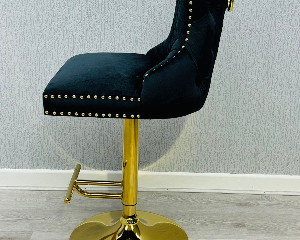Valentino Black Gold Lion Knocker Quilted Back Plush Velvet Gold Bar Stool