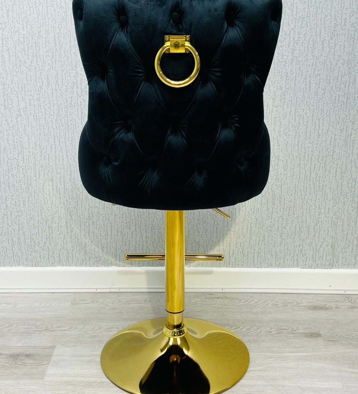 Valentino Black Gold Ring Knocker Quilted Back Plush Velvet Gold Bar Stool