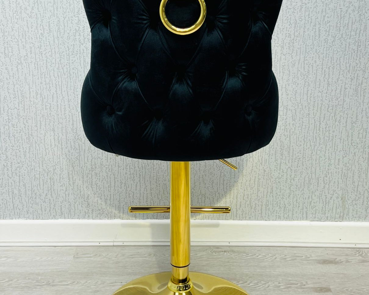 Valentino Black Gold Ring Knocker Quilted Back Plush Velvet Gold Bar Stool