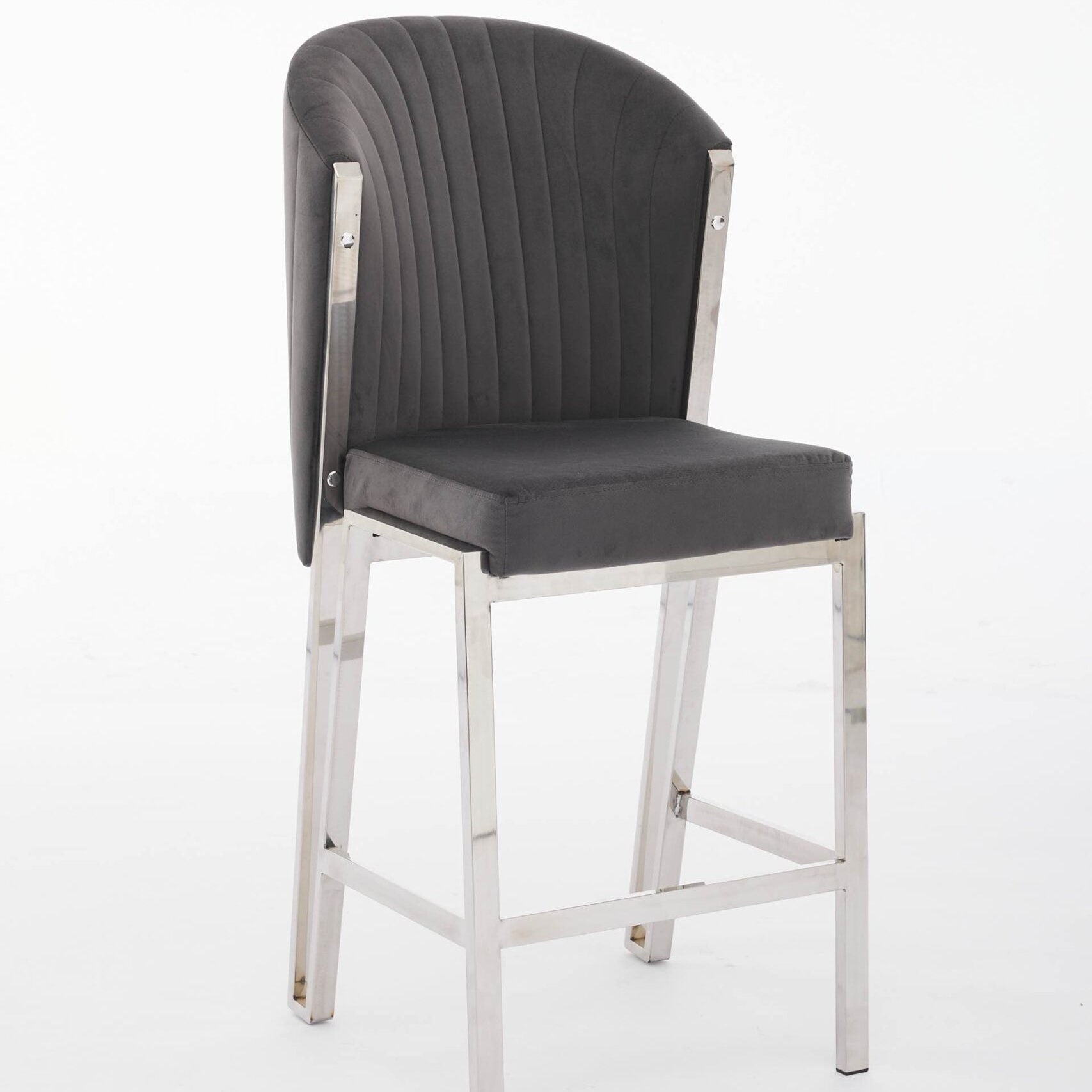 Favian Luxury Grey & Silver Velvet Bar Stool Chrome Legs