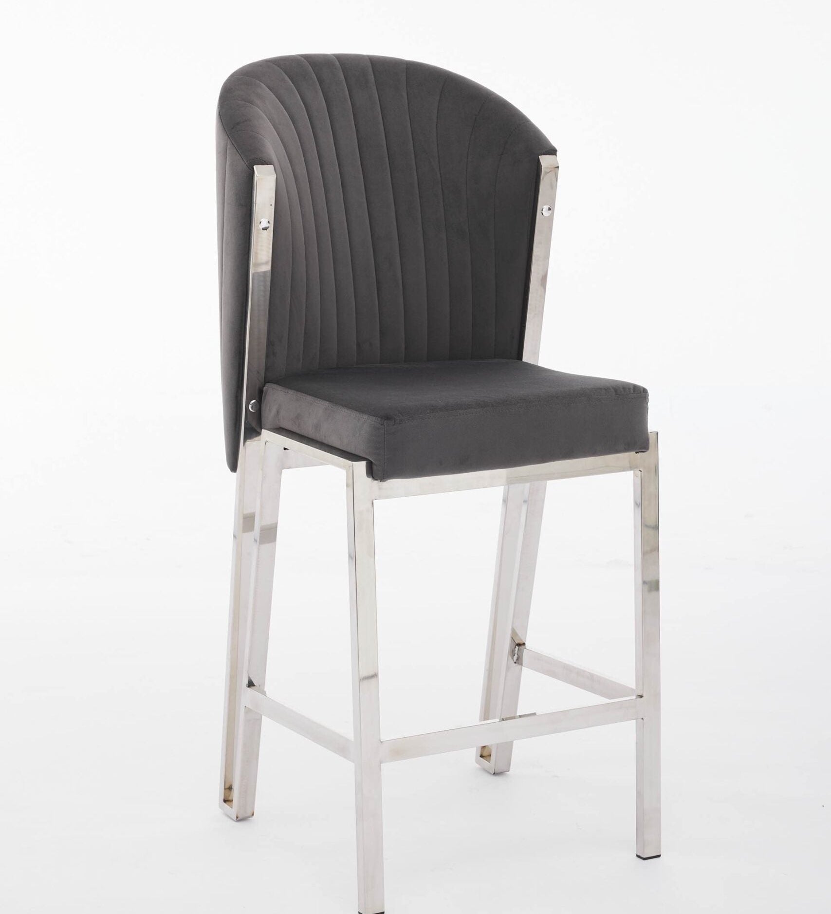 Favian Luxury Grey & Silver Velvet Bar Stool Chrome Legs