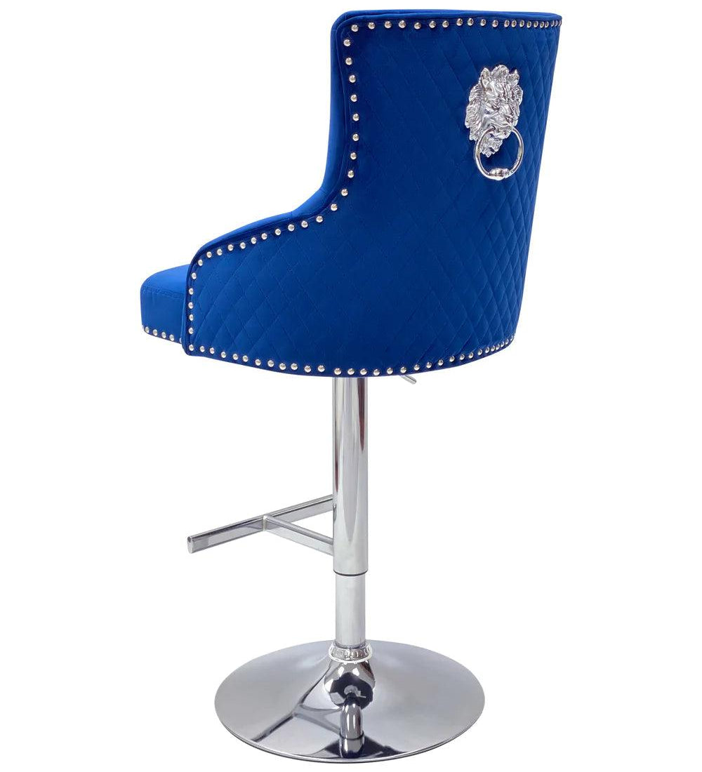 Majestic Blue Brushed Velvet Bar Stool With Lion Knocker-Esme Furnishings