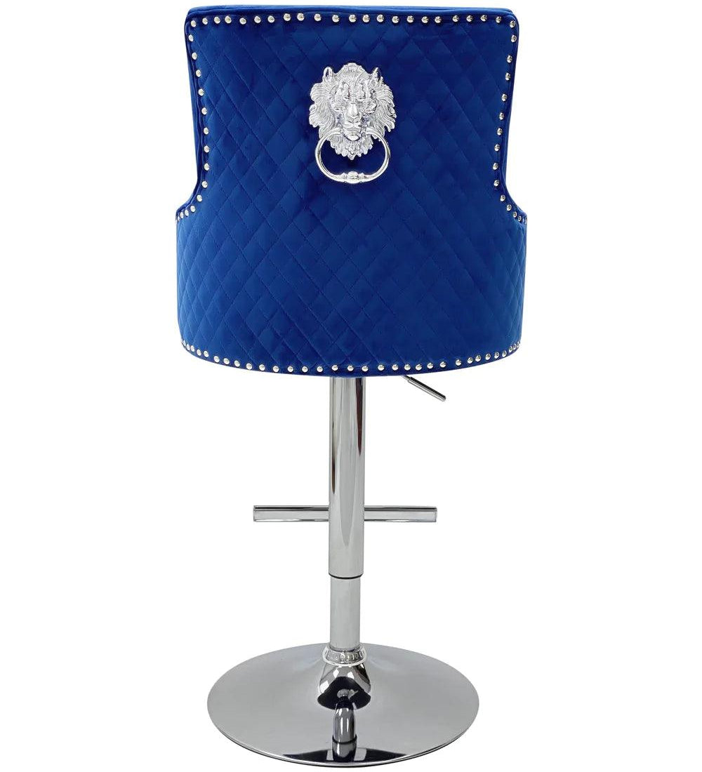 Majestic Blue Brushed Velvet Bar Stool With Lion Knocker-Esme Furnishings