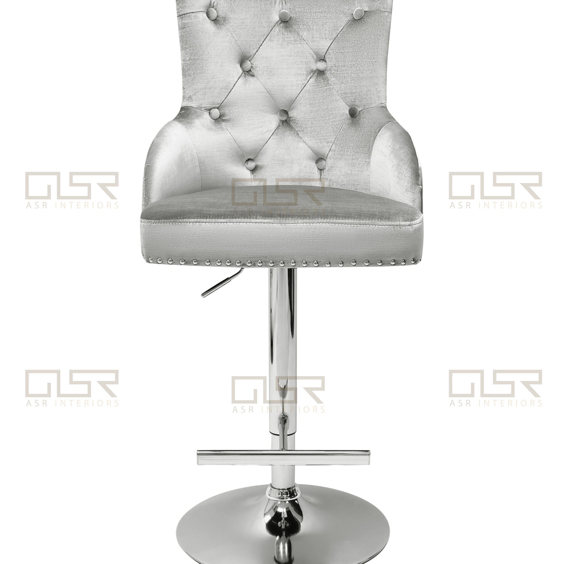 Majestic Silver Light Grey Shimmer Velvet Bar Stool With Lion Knocker
