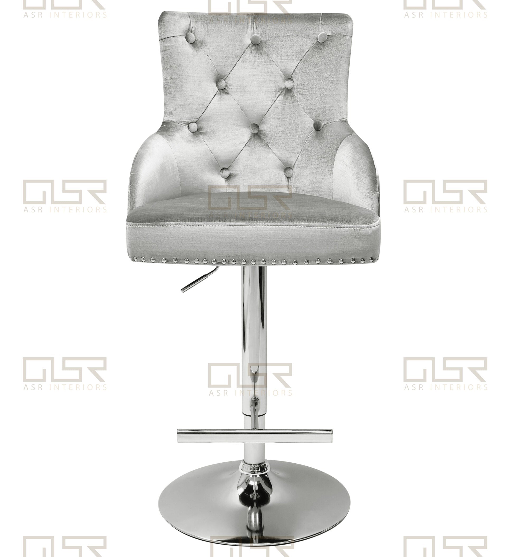 Majestic Silver Light Grey Shimmer Velvet Bar Stool With Lion Knocker