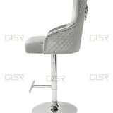 Majestic Silver Light Grey Shimmer Velvet Bar Stool With Lion Knocker