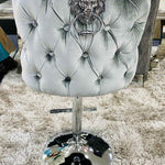 Valentino Pewter Shimmer Grey Lion Knocker Quilted Back Plush Velvet Chrome Bar Stool-Esme Furnishings