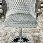 Valentino Pewter Shimmer Grey Lion Knocker Quilted Back Plush Velvet Chrome Bar Stool-Esme Furnishings