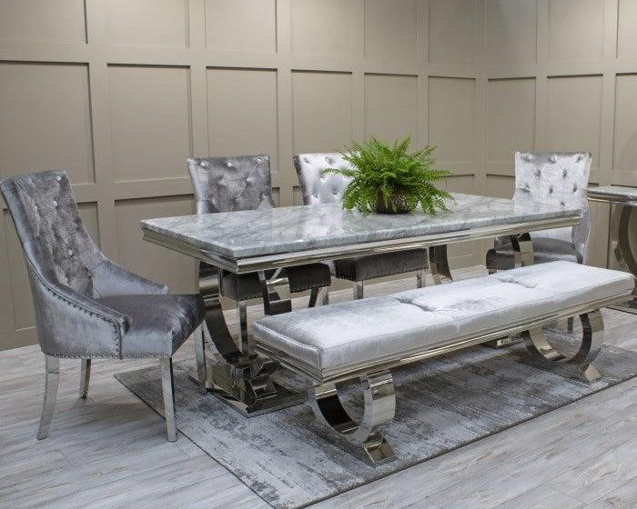 Arianna 200cm Grey Marble Dining Table + 4 Belle Velvet Dining Chairs + Bench-Esme Furnishings