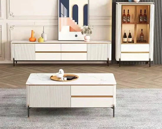 Bella White & Gold Premium Ribbed Coffee Table
