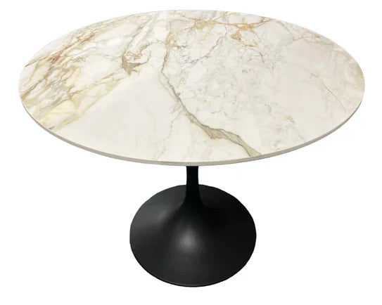 Bentley 90cm Gold Ceramic Marble Round Dining Table With Black Base