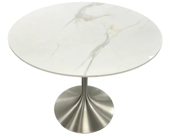 Bentley 90cm Gold Ceramic Marble Round Dining Table With Chrome Base