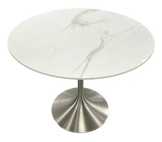 Bentley 90cm Gold Ceramic Marble Round Dining Table With Chrome Base