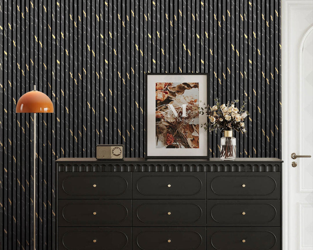 Black Gold Marble Acoustic Slatted Wall Panels Pack Of x4 240 x 60cm