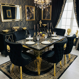 Sofia Black Gold Marble Dining Table with Valentino Gold Chairs
