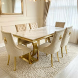 Arianna Marble & Gold Dining Table With Quilted Lion Knocker Velvet Chairs Gold Legs