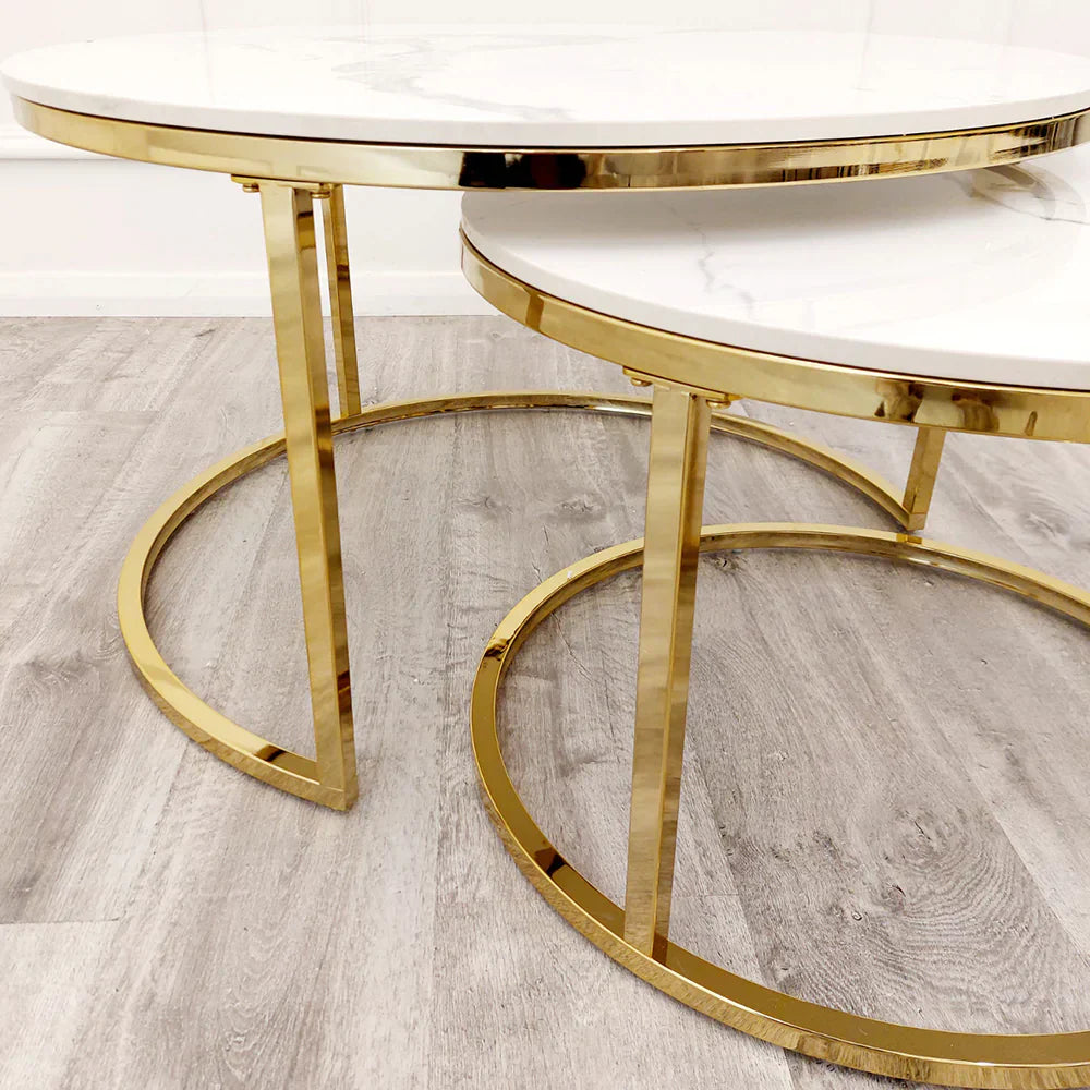 Cato Nest of 2 Short Round Coffee Gold Tables with Polar White Sintered Stone Tops-Esme Furnishings