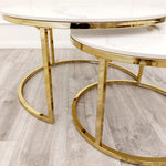 Cato Nest of 2 Short Round Coffee Gold Tables with Polar White Sintered Stone Tops-Esme Furnishings