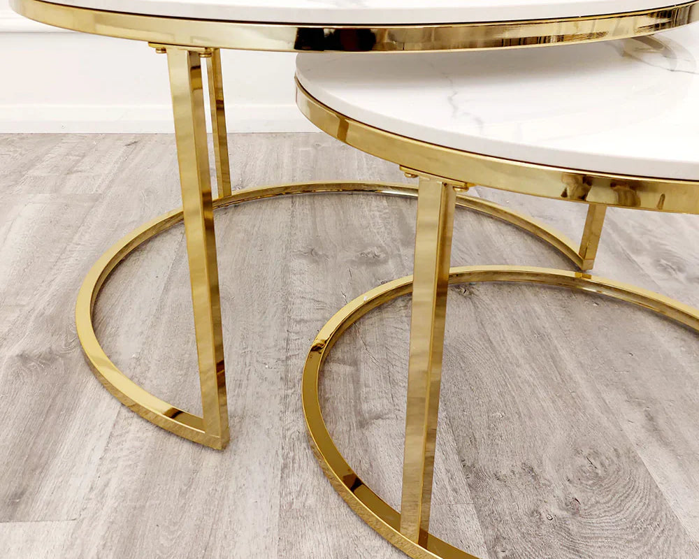 Cato Nest of 2 Short Round Coffee Gold Tables with Polar White Sintered Stone Tops-Esme Furnishings