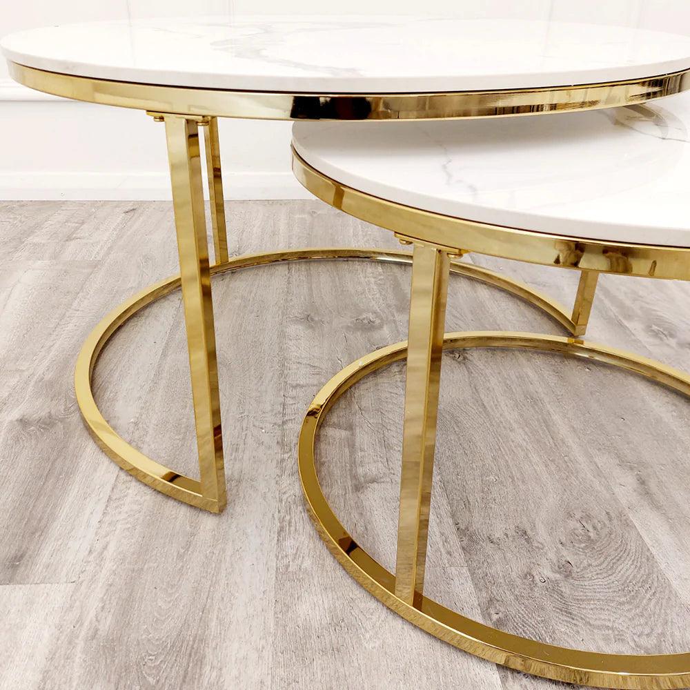 Cato Nest of 2 Round Coffee Gold Tables with Polar White Sintered Stone Tops-Esme Furnishings