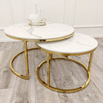 Cato Nest of 2 Short Round Coffee Gold Tables with Polar White Sintered Stone Tops-Esme Furnishings